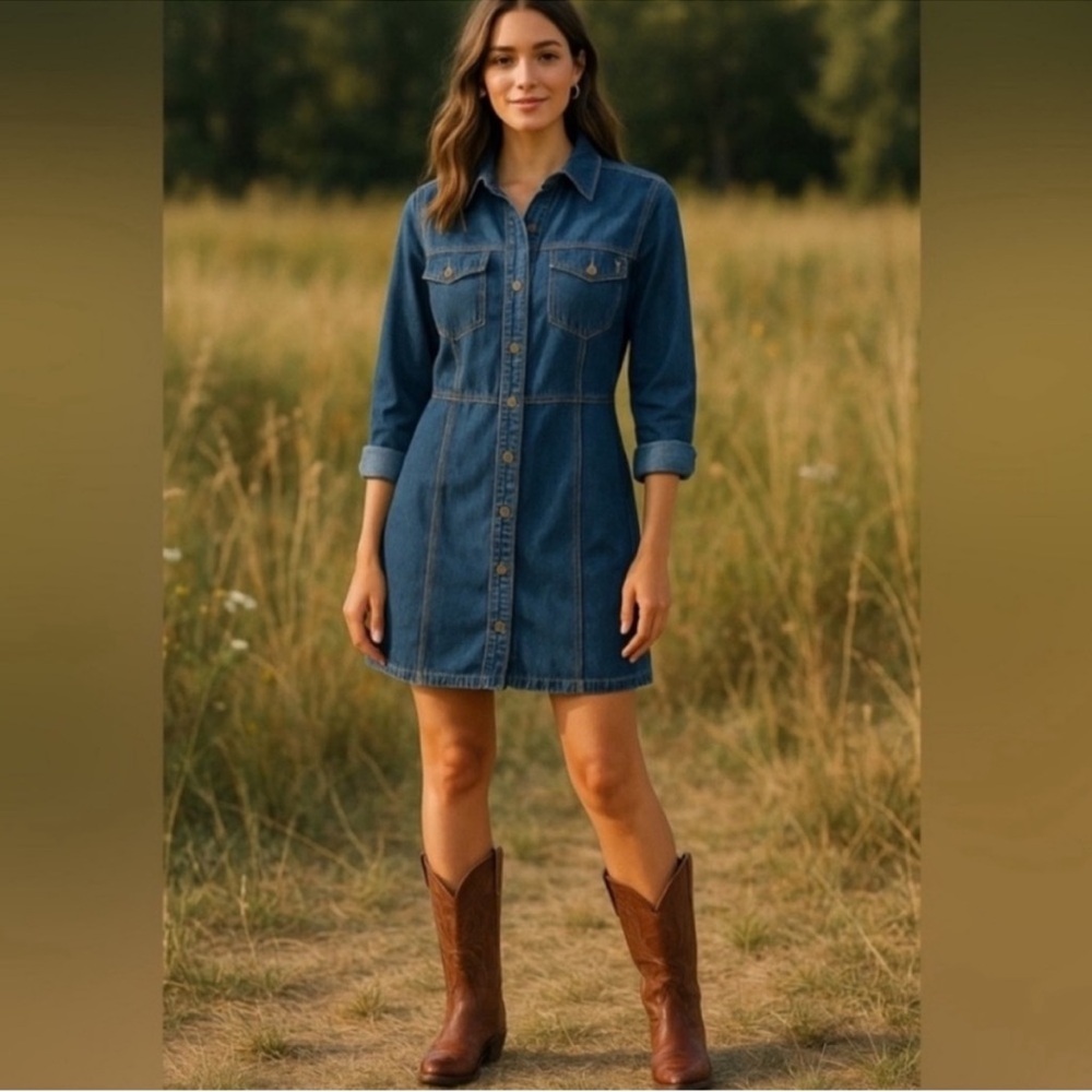 Frye Western Denim Button Front Shirt Dress Blue Jean Mini Cowgirl Large